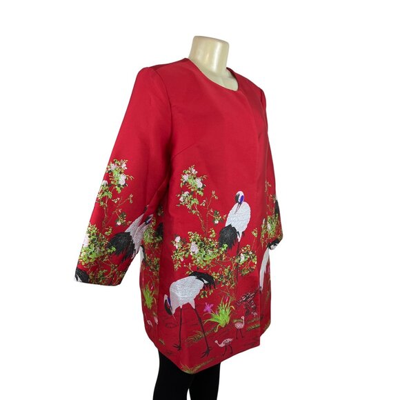 La Cera Women's Red Crane Print Long Jacket With Button Closures Sz XL - Picture 2 of 8